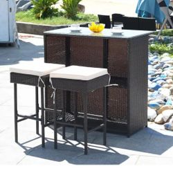 HONEY JOY
3-Pieces Patio Wicker Rattan Outdoor Bar Set Table with 2 White Cushioned Stools