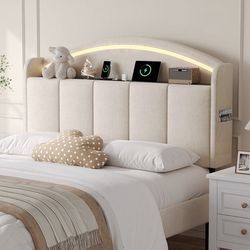 Headboard Queen Size with LED Light, Curved Chenille Headboards with Charging Station, Adjustable Height Queen Headboard Only with Storage Shelf & Poc