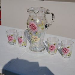 Vintage Hand Blown Glass Pitcher And Cups 