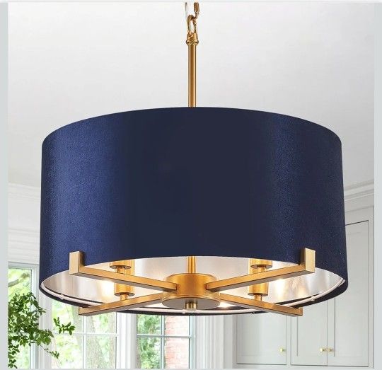 Drum Chandelier,18” Blue and Gold Round Ceiling Pendant Light Fixture Velvet Fabric Shade 4 Lights Modern Semi Flush Mount Hanging Chandelier for Dini