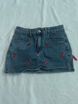 Cherry embroidered denim mini skirt with red ribbon detail size small