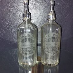 2 Vintage Spritzer Seltzer Soda Bottle Tapered and Etched Antique Glass