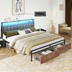 LED Bed Frame with Drawers, King Platform Bed Frame with 2-Tier Storage & Leather Upholstered & Charging Station Headboard, Noise Free, Easy Assembly