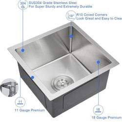 MENATT 18 x 18 inch Undermount Small Kitchen Sink, T-304 Stainless Steel Handmade Kitchen Bar Sink, Single Bowl Kitchen Sink with Strainer, Brushed