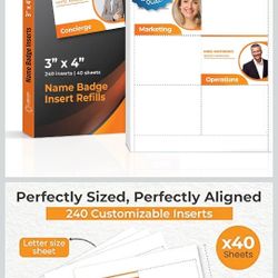 Name Badge Inserts 4x3 inch | White Printable Name Tag Inserts 3x4 inch | Compatible with Inkjet and Laser Printers with Easy Tear Paper