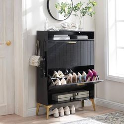 Shoe Storage Cabinet with 2 Flip Drawers Wooden Shoe Organizer Cabinet with Open Shelf Freestanding Shoe Storage Rack with Door for Entryway Hallway M