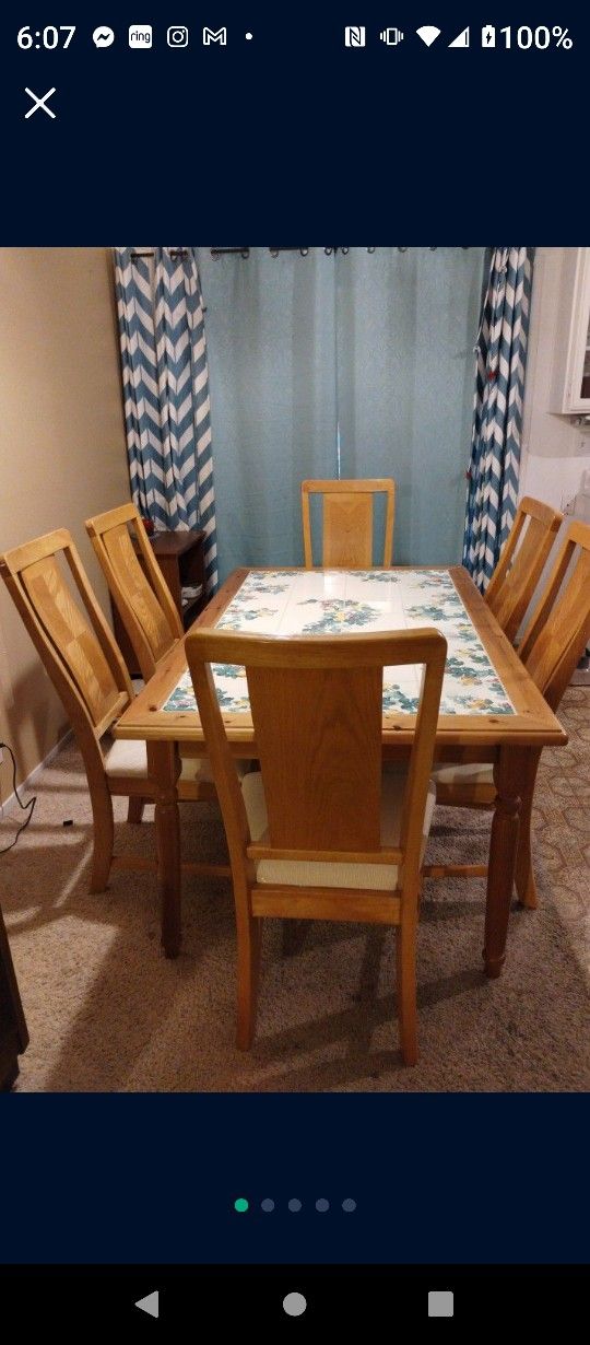 Italian Hand Painted Kitchen Table..Grape Vine Design!@..Solid Wood And Tile Top..Size 62x38 Wide 30 Inches Tall...6 Padded Solid Wood Kitchen Chairs.