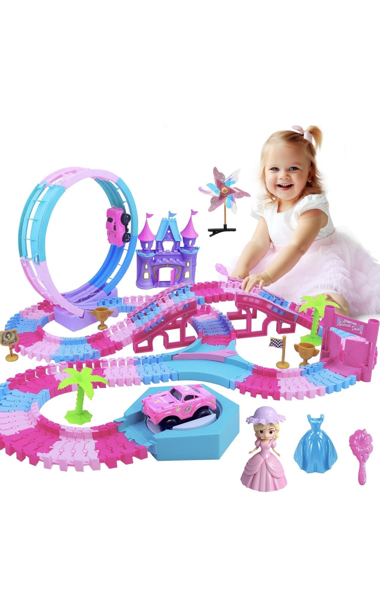 178 piezas de juguete de pista, juguetes de pistas de carreras rosas para niñas de 3, 4, 5, 6 años, pistas flexibles, autos mágicos flexibles, juguete