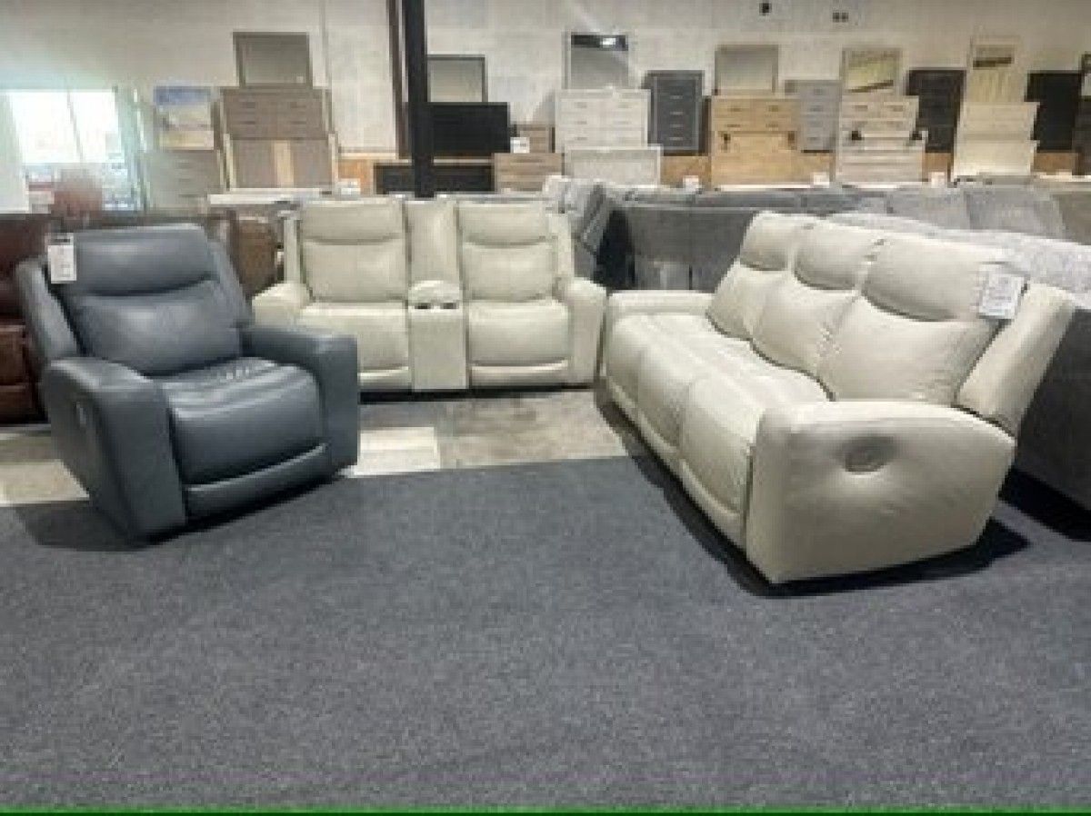 Ivory Leather Power Reclining Sofa and Loveseat