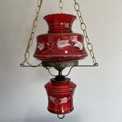 Vintage 3-Way Red Glass Hurricane Hanging Lamp with Hand-Painted Flowers 