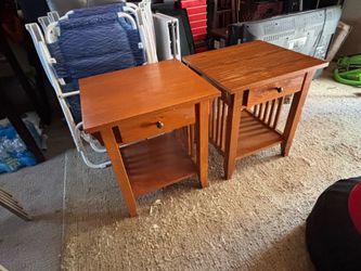 Pair Of Wooden End Tables With Drawers & Shelves