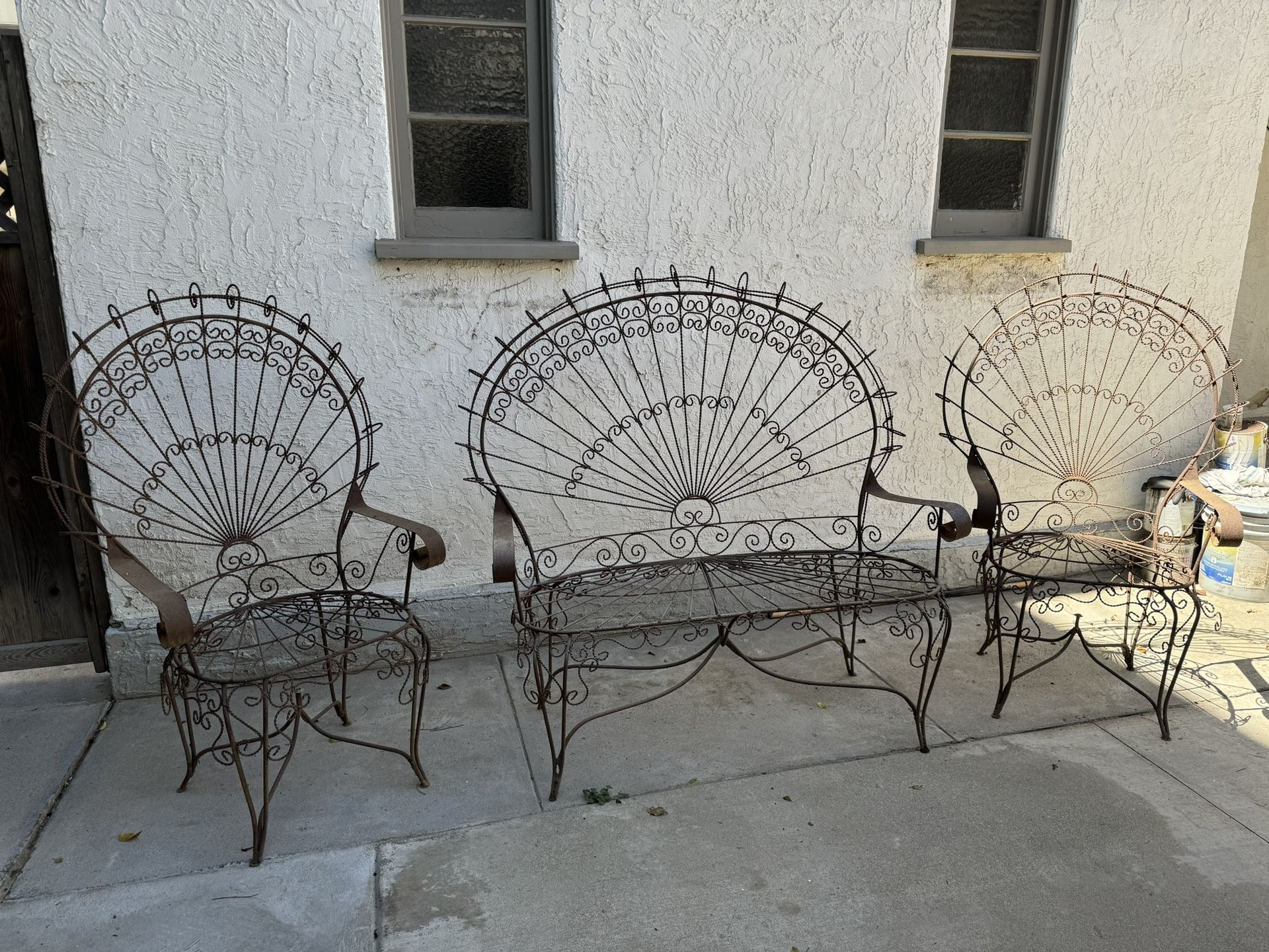 Salterini wrought iron peacock chairs and love seat