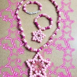 Pink Kandi Star Necklace + Bracelet Set (Handmade)
