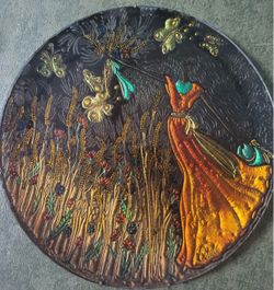 Vintage Erte Art Deco Lady Butterfly 12” Relief Glass Wall Plate Signed