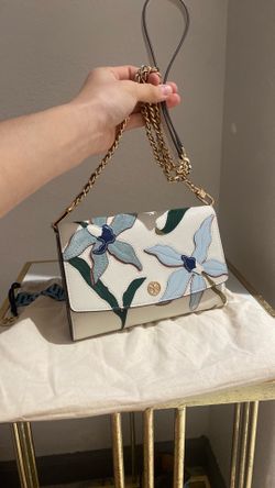 Tory Burch Robinson Floral Appliqué shoulder bag featuring distinctive suede floral detailing