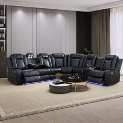 Power Electric Black Leather Fully Reclining Sectional Couch 