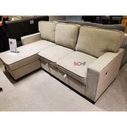 86.5"W Beige Fabric Reversible Sleeper Sectional with Storage Chaise Drop-Down Table 2 Cup Holders and 2USB Ports