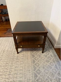 Refinished wooden end table with one drawer and brass hardware