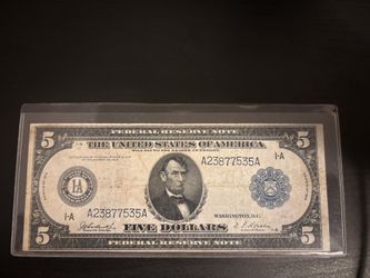 1914 $5 Federal Reserve Note – Vintage Large Size Currency