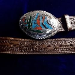 Turquoise And Coral Belt Buckle With Leather Belt