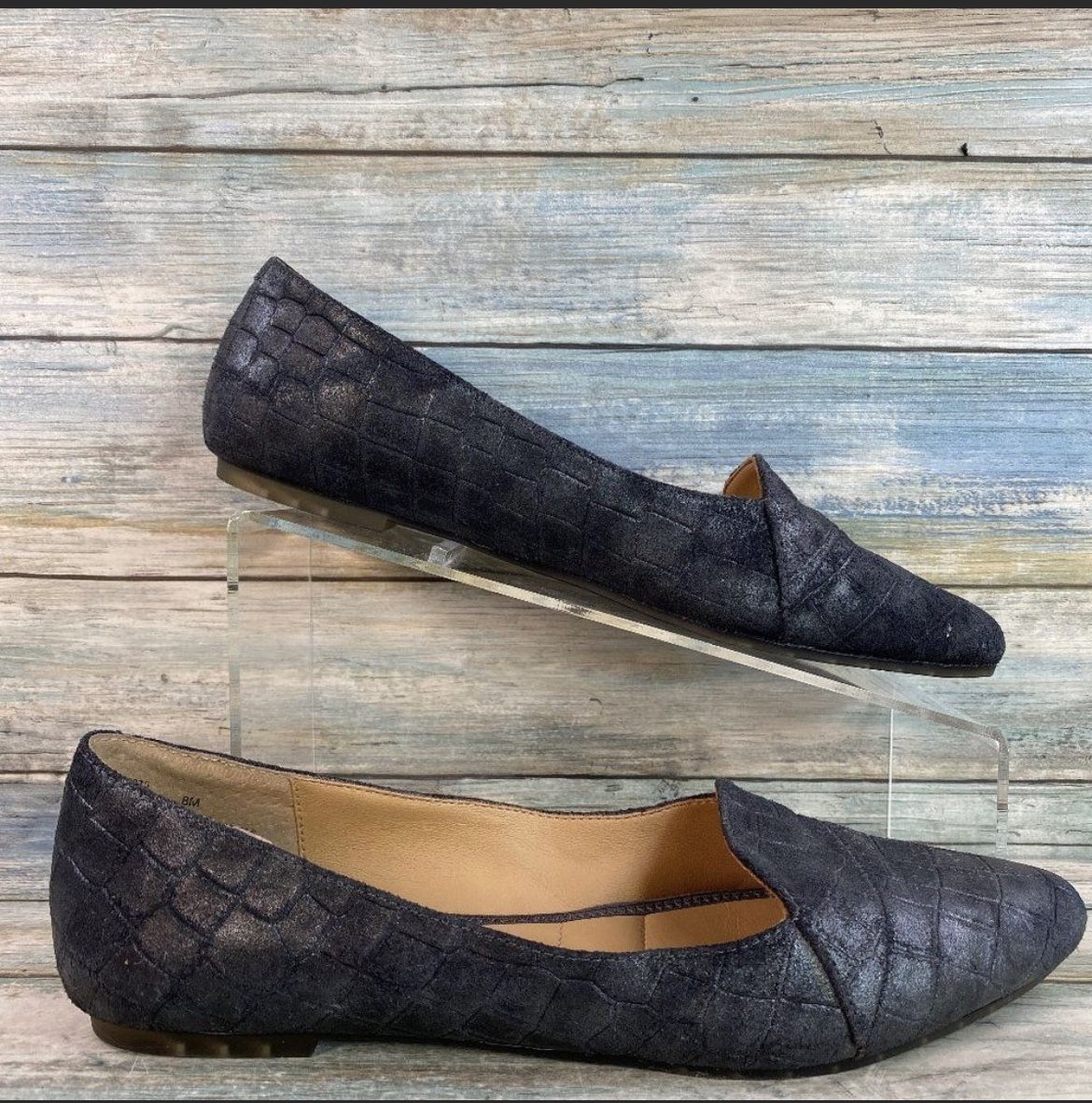 Me Too Andie Flats Loafer Shoes Womens Size 7 1/5M Gray Leather Croc Print Cushioned 