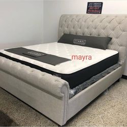 Brand New// Gray Queen Upholstered Sleigh Platform Bed Frame Cama// King Size Available// Mattress Sold Separately,  Financing Options 