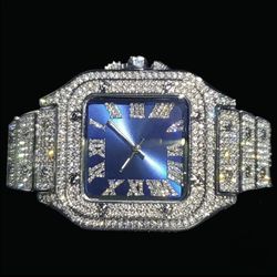 Blue Dial VVS Numerals Iced Out Diamond Watch