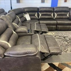 LH👉$49 Down Payment For Financing 👉 Ashley Kincord Midnight Gray Leather Power Reclining Sectional Couch 
