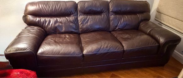 Dark Brown Italian Leather Sofa with Black Piping - From Ashley Furniture