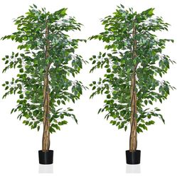 6ft Artificial Ficus Trees in Pot 2 Pack– Lifelike Silk Leaves Natural Wood Trunk, Faux Plants Potted Indoor Outdoor Home Decor, Fake Floor Tree for W