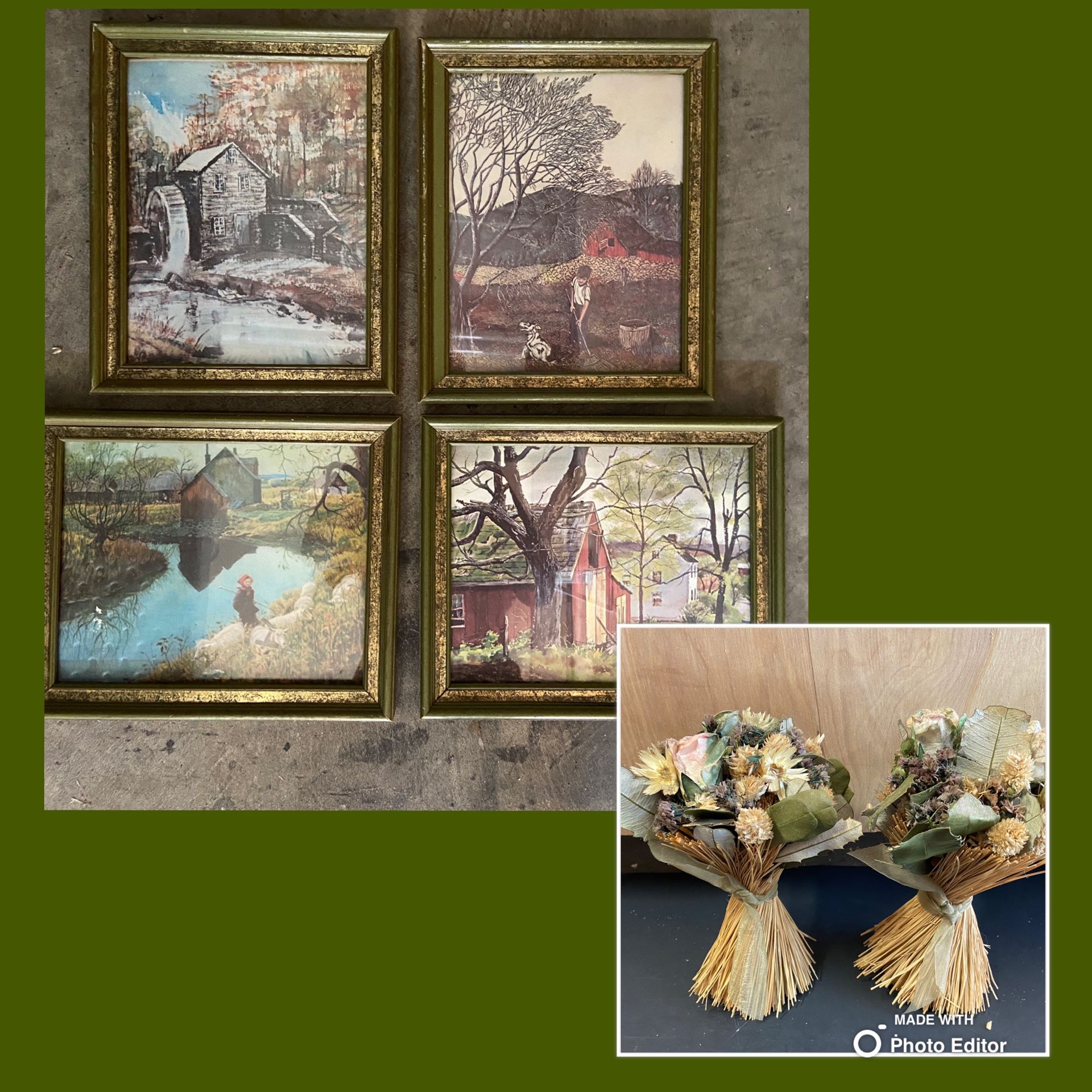 4 VTG Farmhouse Pictures & 2 Dried Floral Arrangements Lot