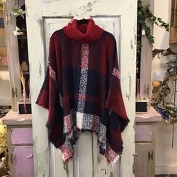 Burgundy, Navy, & White Soft Knit Turtleneck Poncho