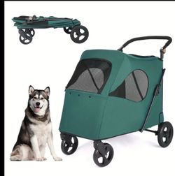 Pet Stroller, 4 Wheels Dog Carrier with Brakes, 120lbs Weight Capacity, dark green color