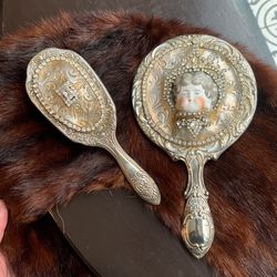 Antique vanity mirror, and brush set