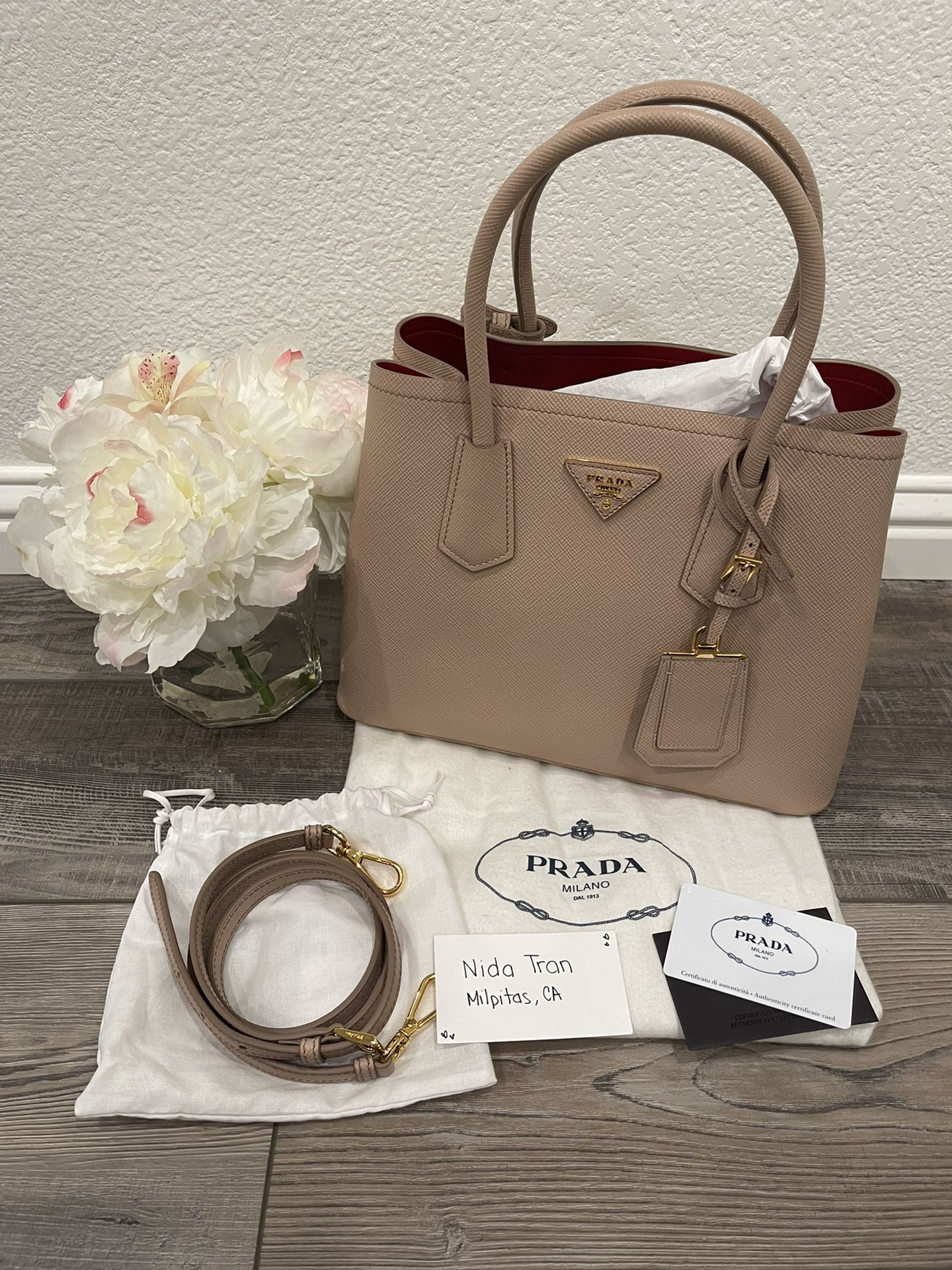 Prada Small Saffiano Cuir Leather Double Bag (Powder Pink/Red)