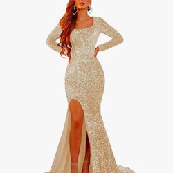 Women's Bodycon Glitter Sequin Prom Dresses Long Sleeve Scoop Neck Mermaid Formal Evening Gown with Slit 