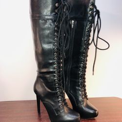 stiletto boots Sz 5.5 lace up Zipper knee length women 4” Heel 18.5” READ
