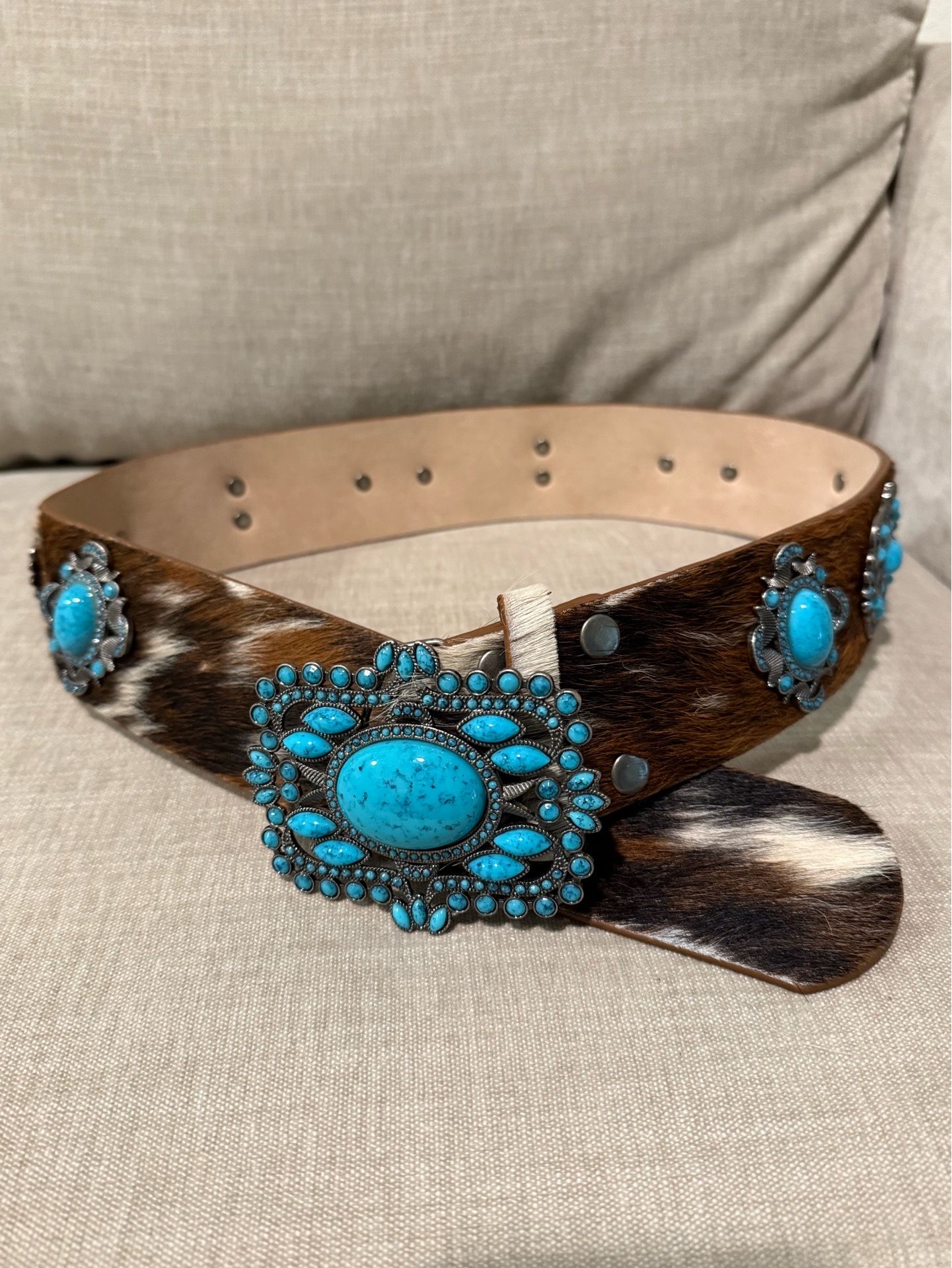 Western Cowhide Turquoise Concho Belt