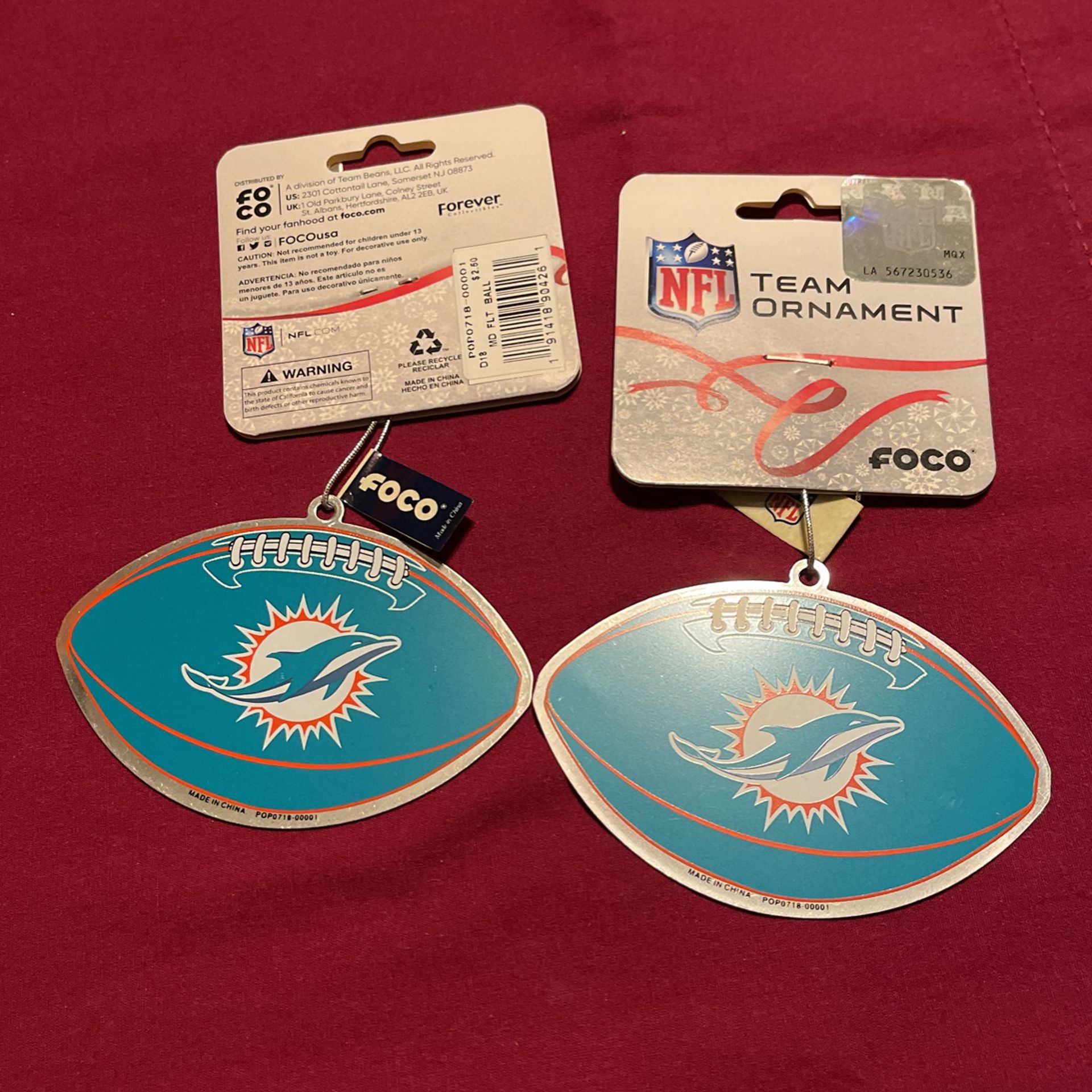 NFL Miami Dolphins Football Ornaments (2) 