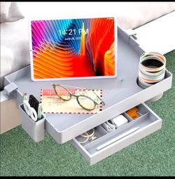Brand New Bedside Shelf for Bed, Foldable Bunk Bed Shelf Clip On Nightstand Tray College Dorm Room Essential Table Caddy with Cup Holder (Gray)
