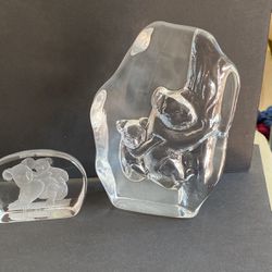 2 Etched Glass Koala Paperweights Vintage 