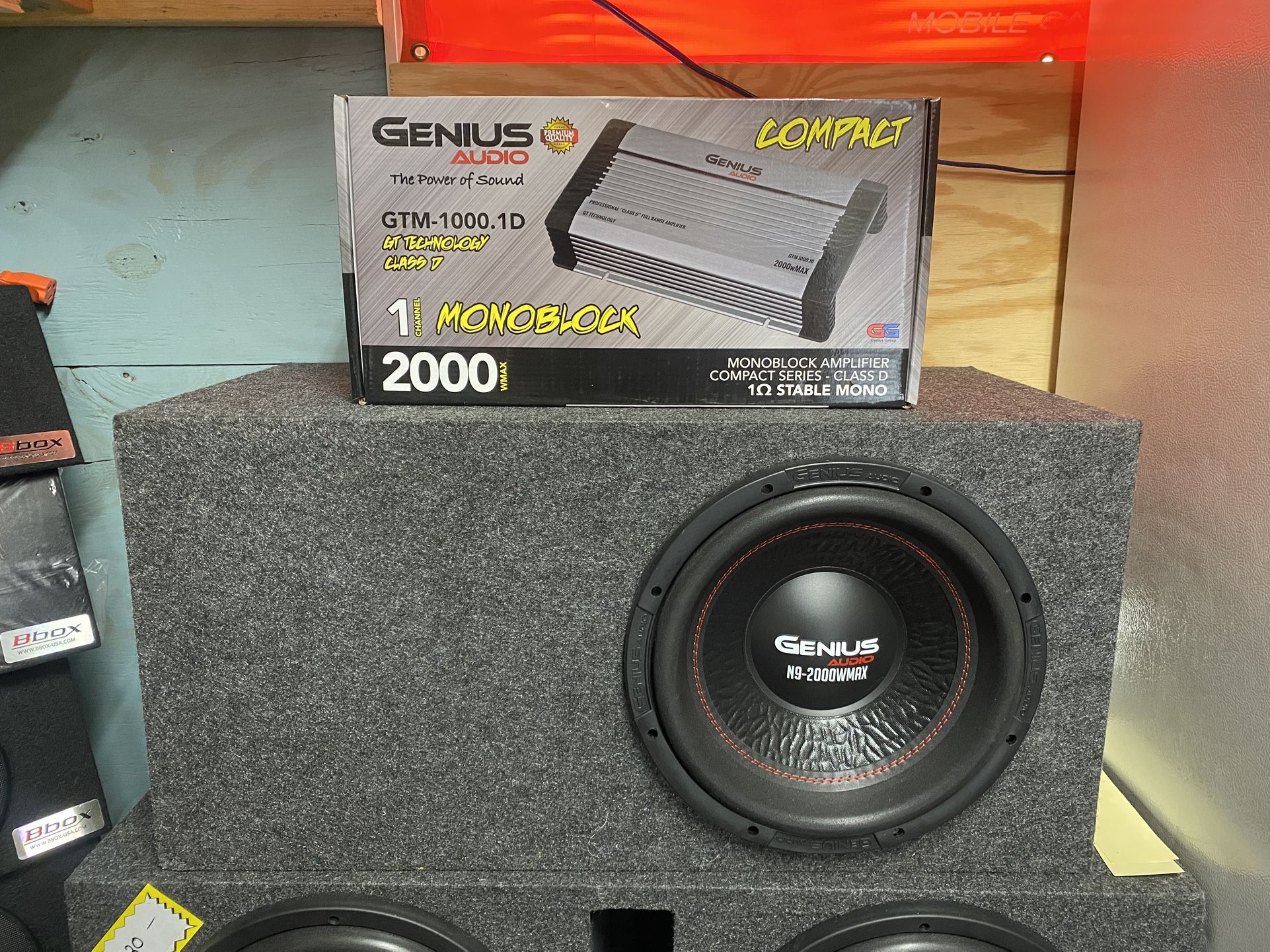 New 12” Genius Audio Subwoofer + New Slot Vent Ported Box + New 2000w Genius Amplifier