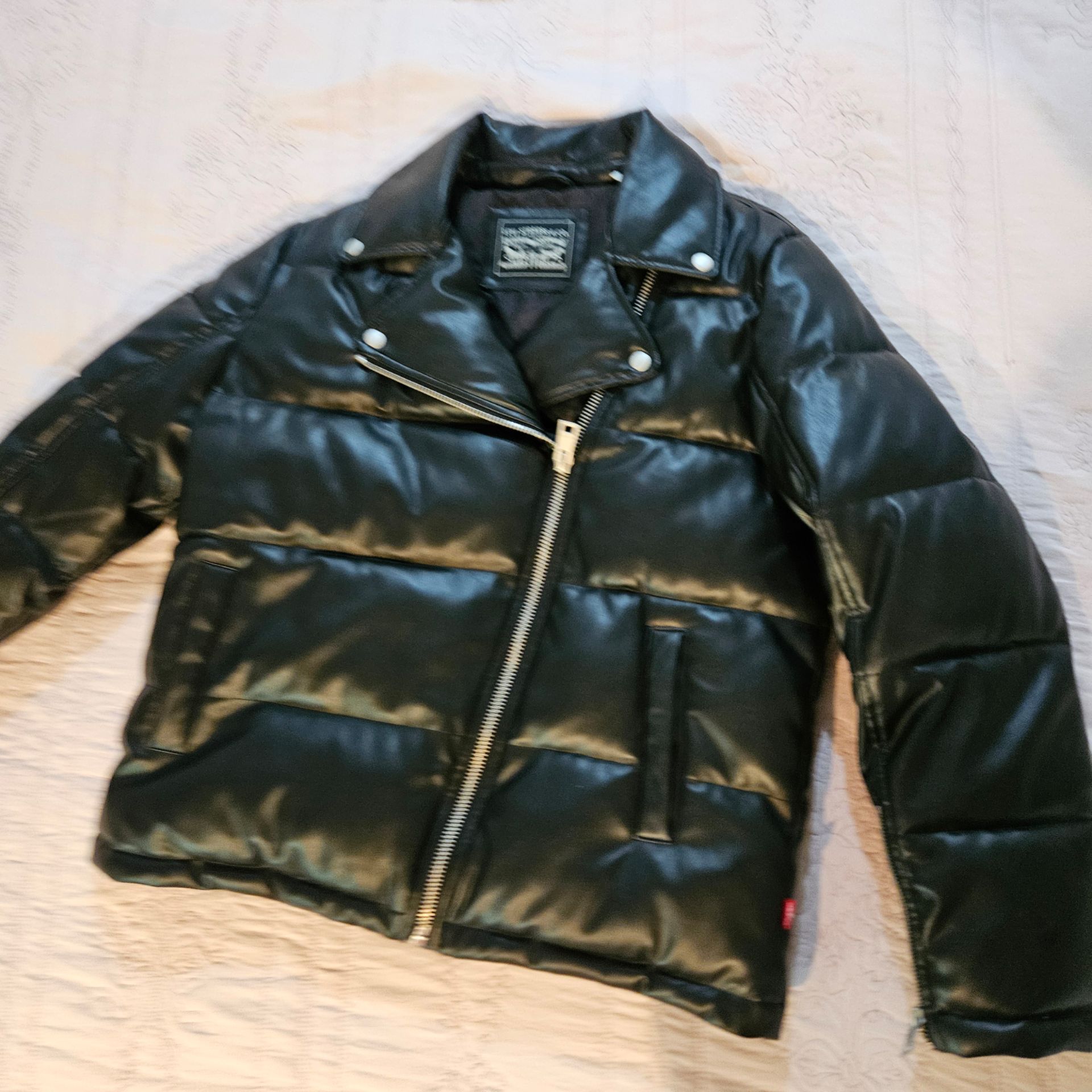 Levi's Moto Biker Faux Black Leather Motorcycle Puffer Down Jacket Women size M