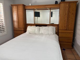 Oak Wall Unit Headboard with Storage and Mirror