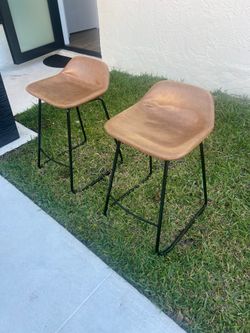 2 Standard Size Bar Stools Brown Leather Black Metal