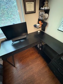 AODK L Shaped Desk with 5 Drawers and Storage Shelves