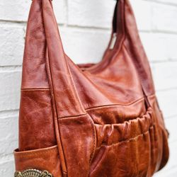 New All Brown Vachetta Leather Bag With Western Style Concho Pockets
