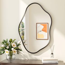 Keonjinn Black Irregular Mirrors For Wall 24" X 36" Inch, Asymmetrical Metal Frame, Tempered Glass Decorative Mirror For Bathroom, Bedroom, Living Roo