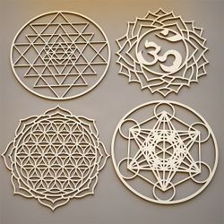 Sacred Geometry Wooden Wall Art Set of 4 – Sri Yantra, Om, Flower of Life & Metatron’s Cube