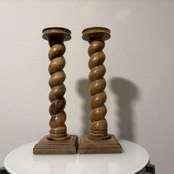 18” Tall Wooden Pillar Candleholders Barley Twist Stem